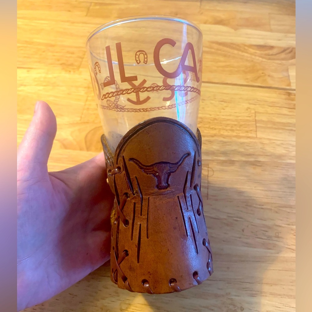 Vintage Libbey Bamco leather sleeve glass barware western Yellowstone longhorn